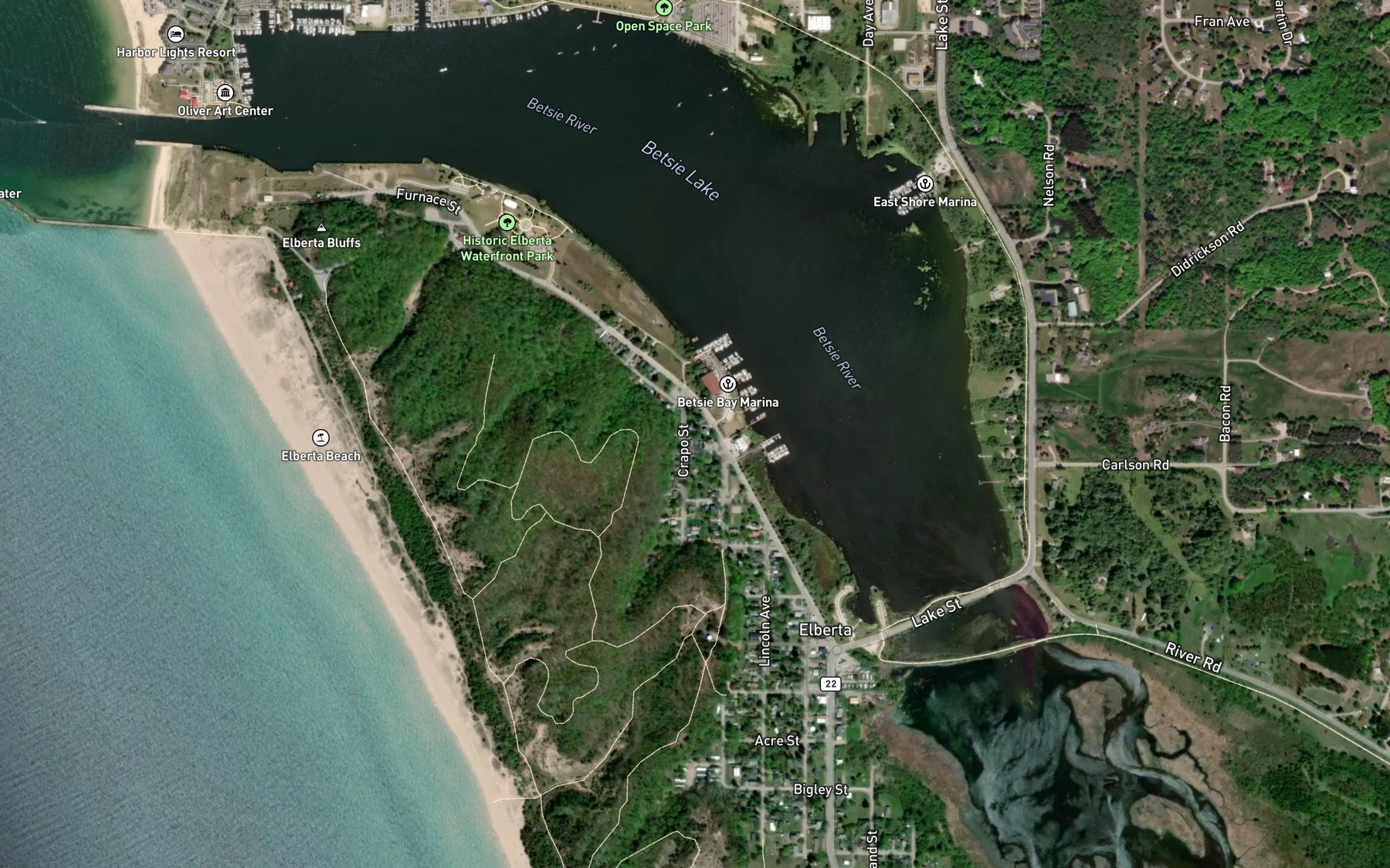 Satellite map of the Betsie Lake