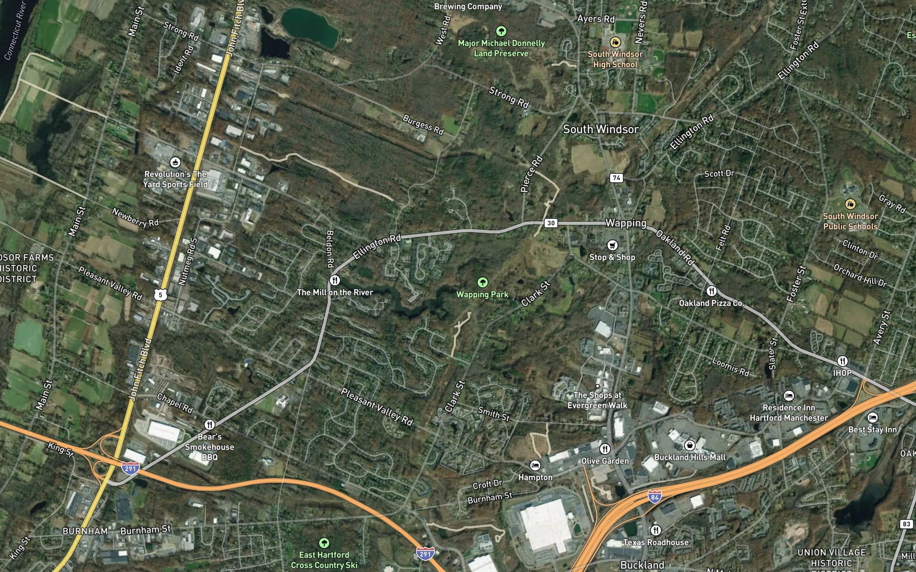 Satellite map of the Plum Gulley Brook
