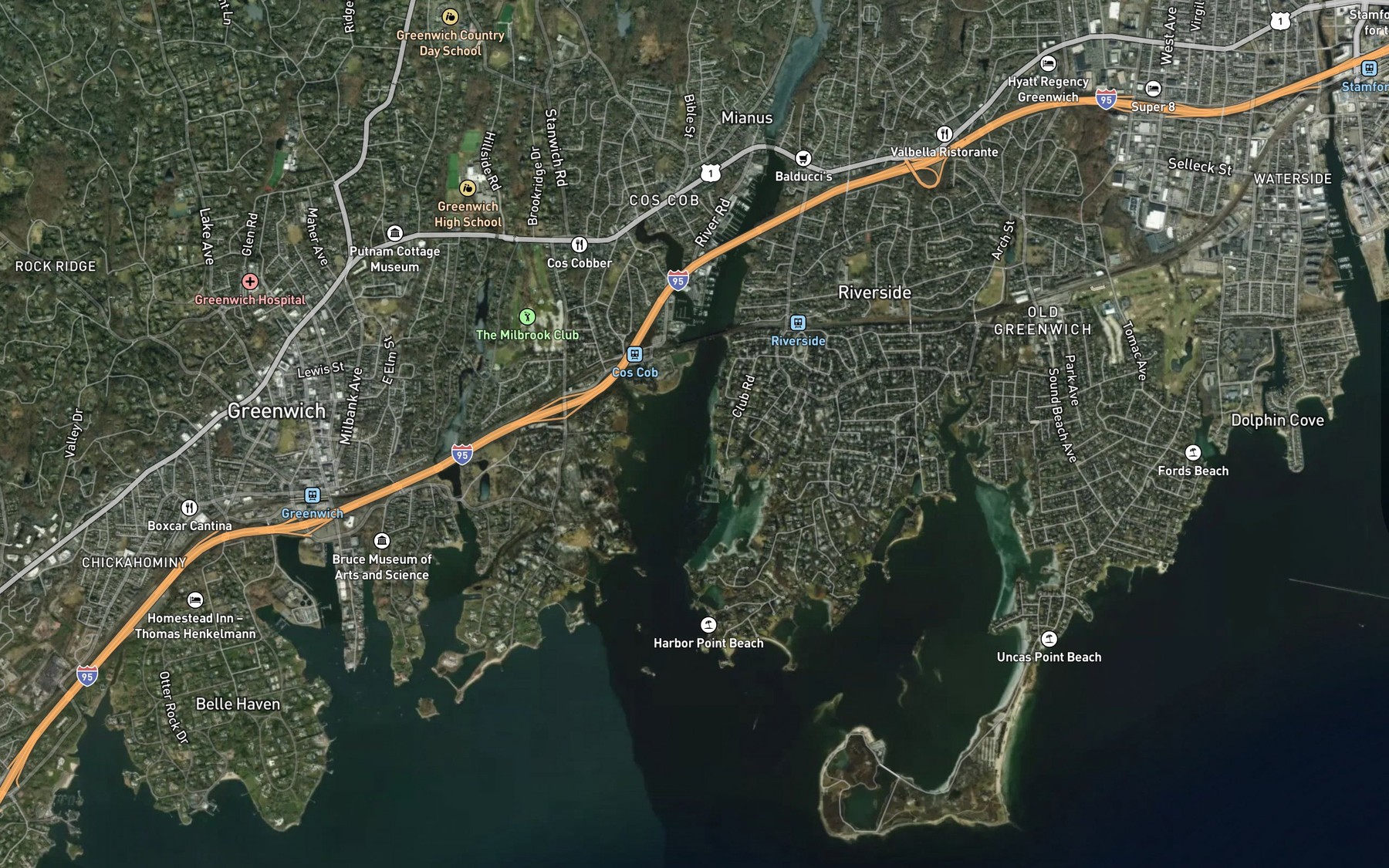 Satellite map of the Cos Cob Harbor