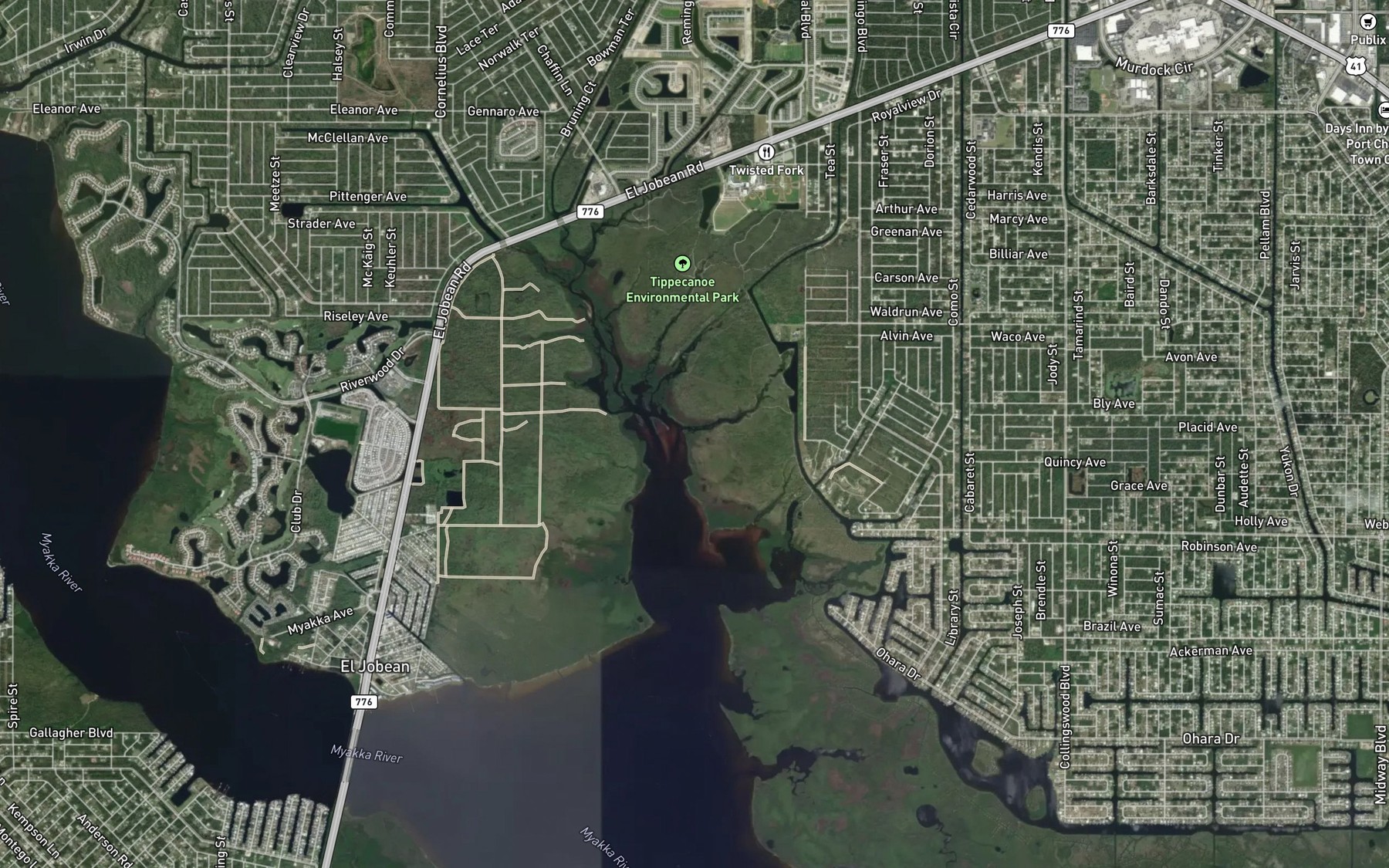 Satellite map of the Flopbuck Creek