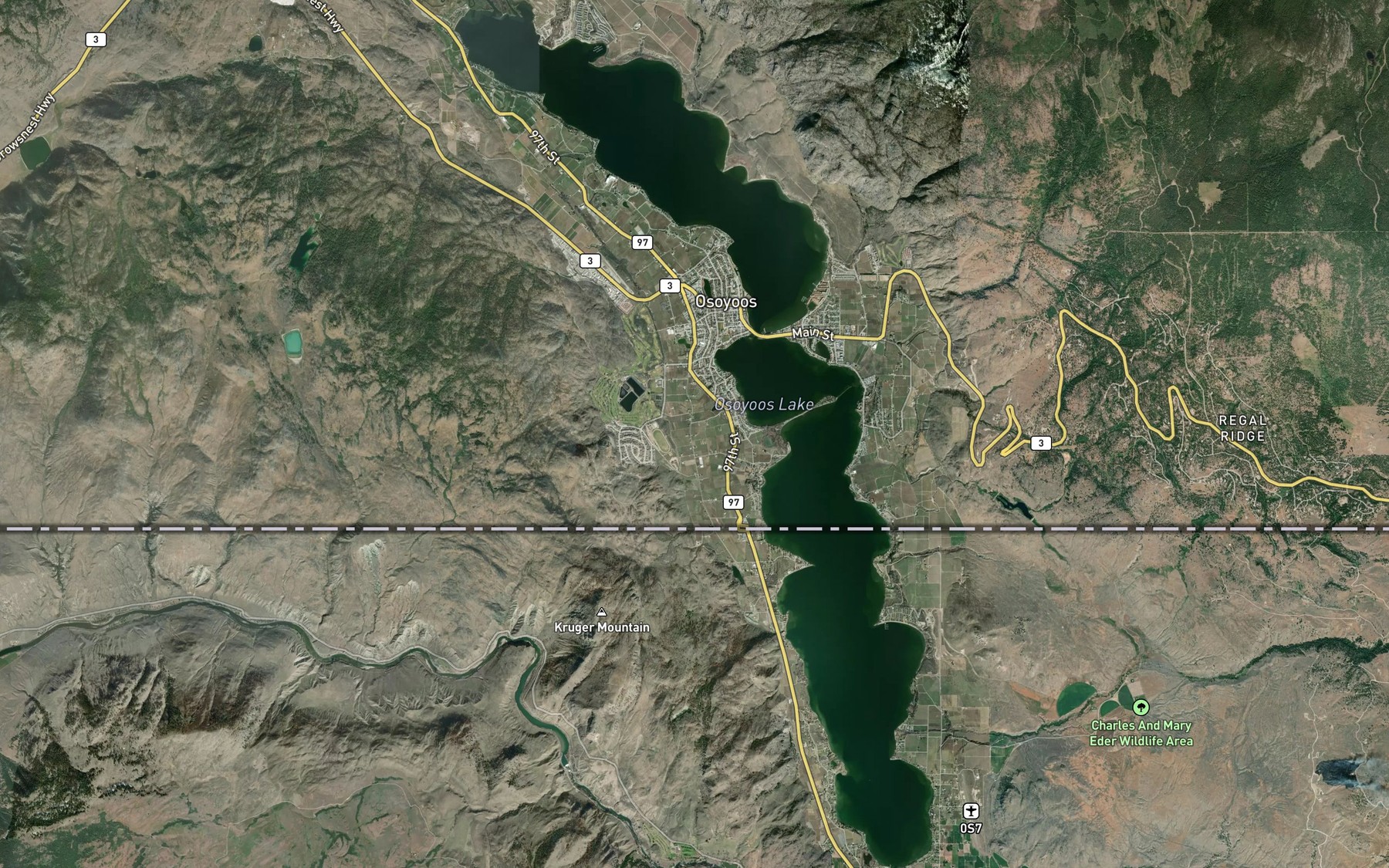 Satellite map of the Osoyoos Lake