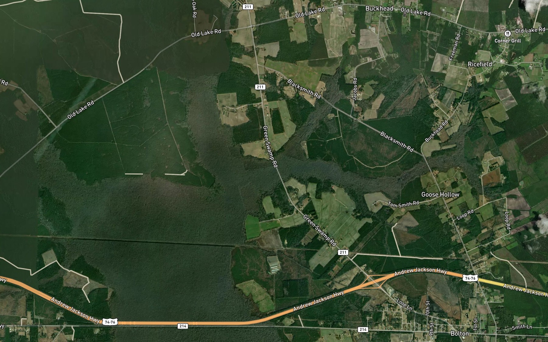 Satellite map of the Ricefield Branch