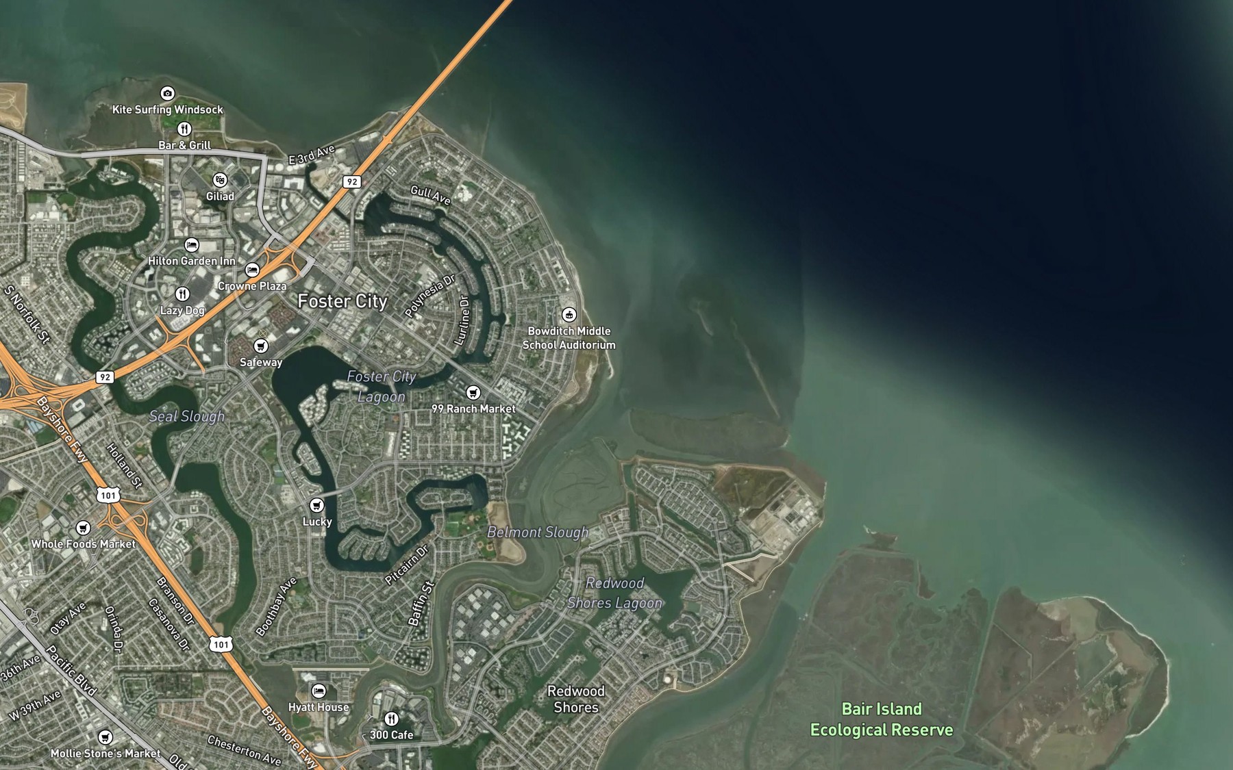 Satellite map of the Belmont Slough