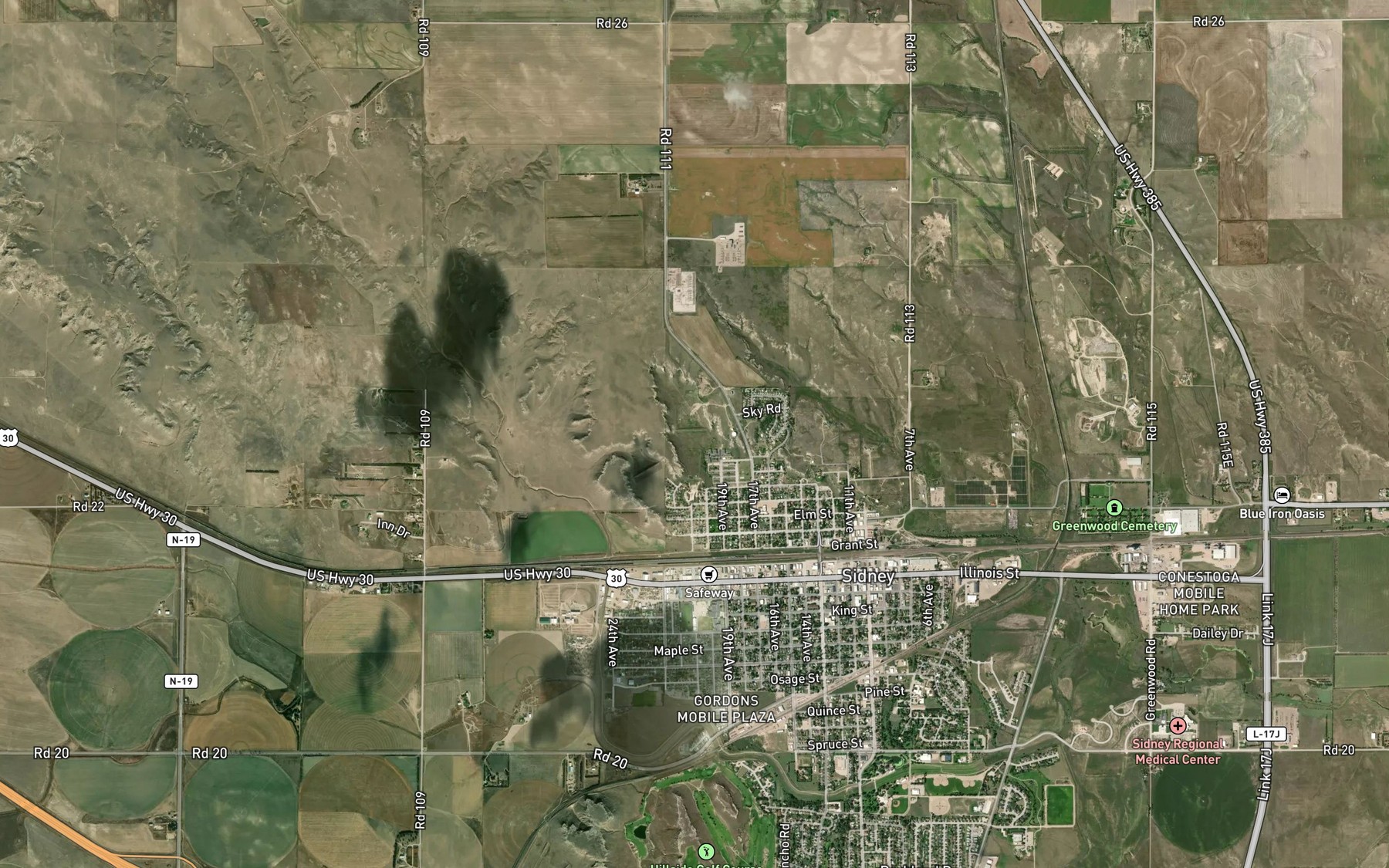 Satellite map of the Sidney East Reservoir