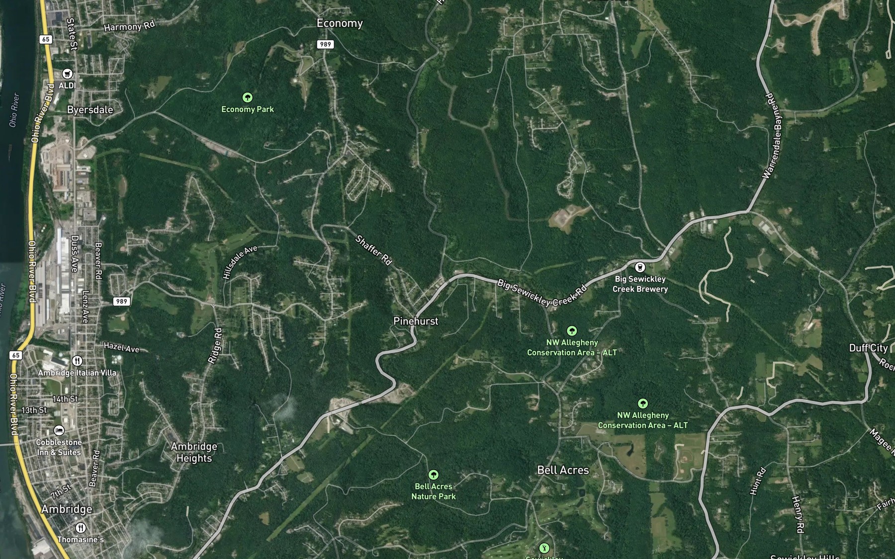 Satellite map of the North Fork Big Sewickley Creek