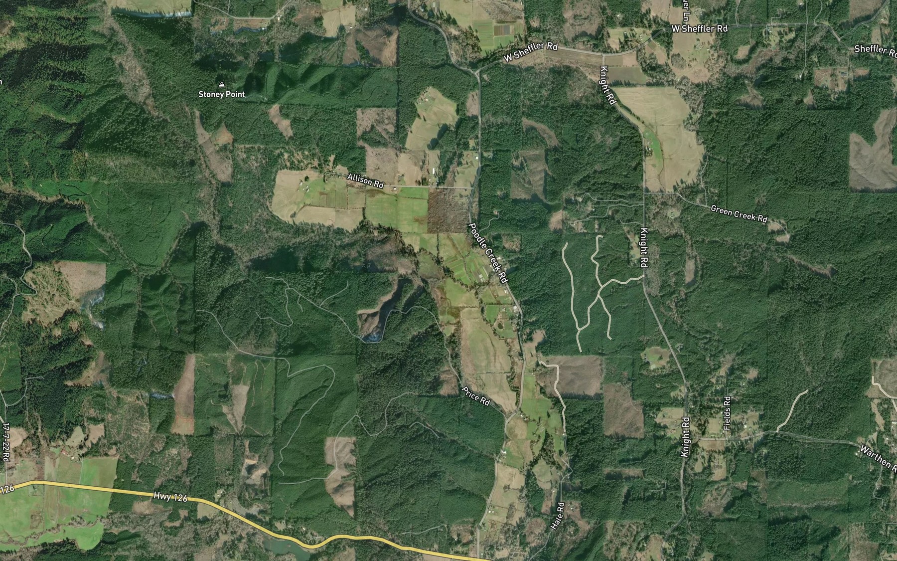 Satellite map of the Evans Creek
