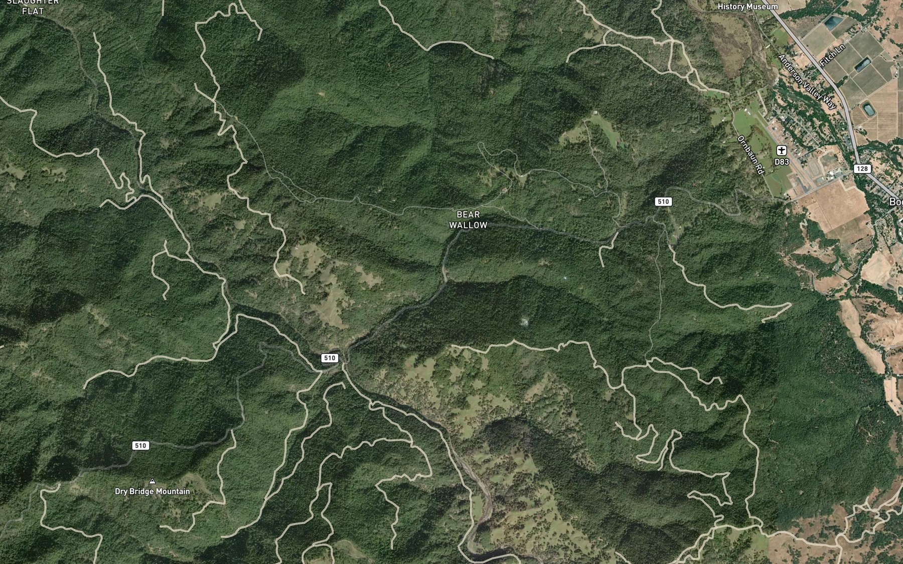 Satellite map of the Honey Creek