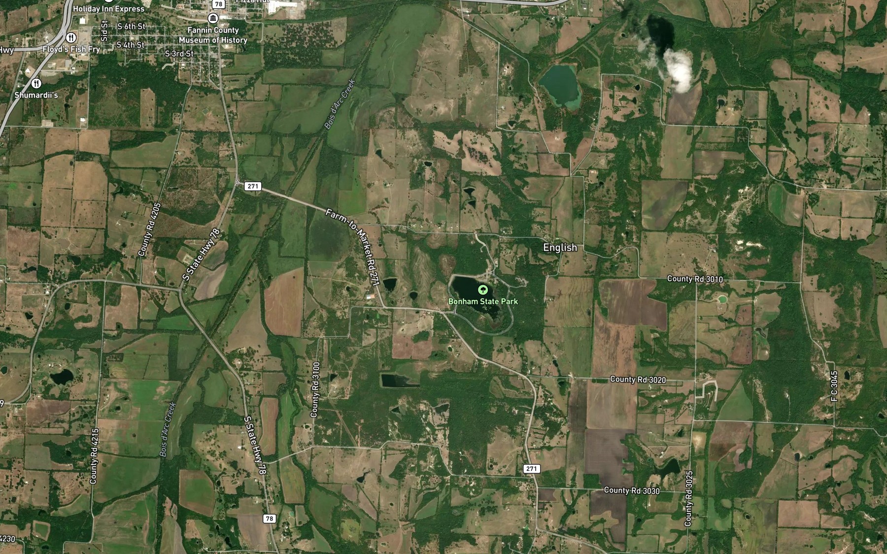 Satellite map of the Bonham State Park Lake