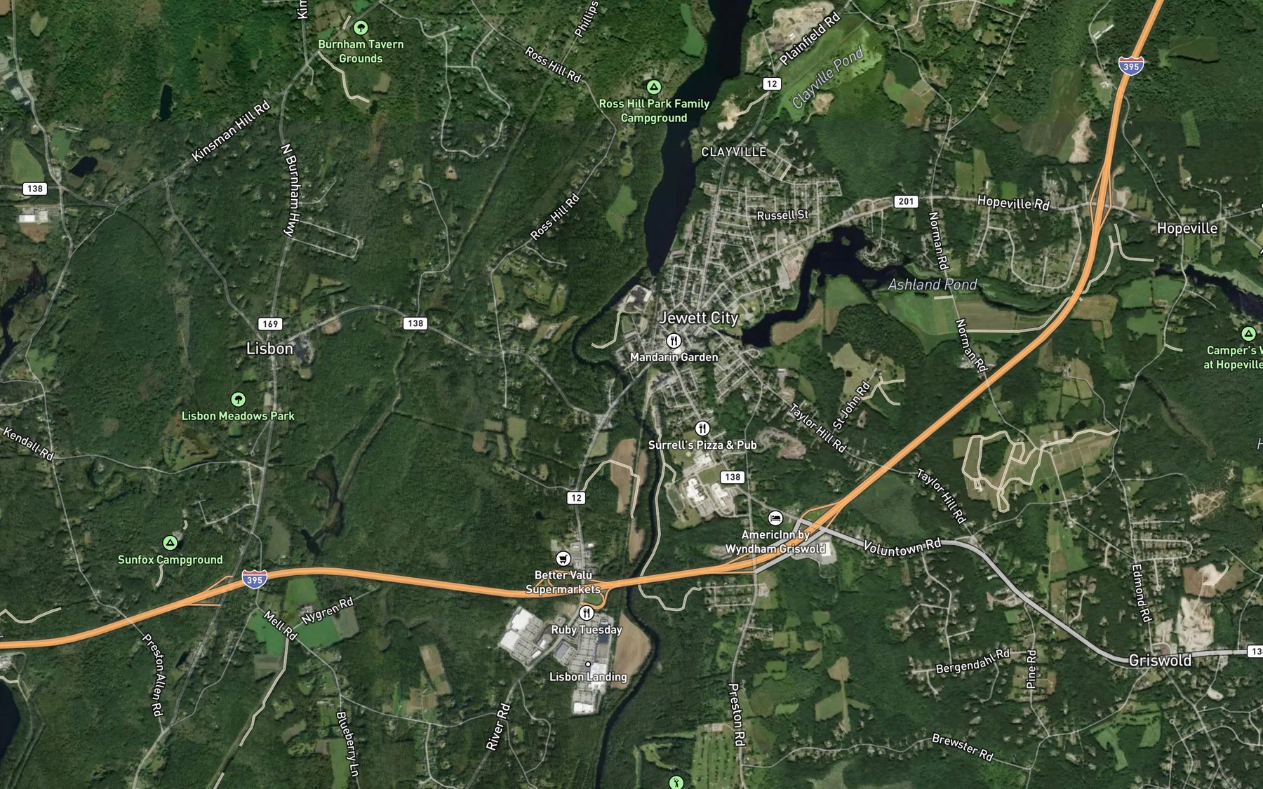Satellite map of the Pachaug River