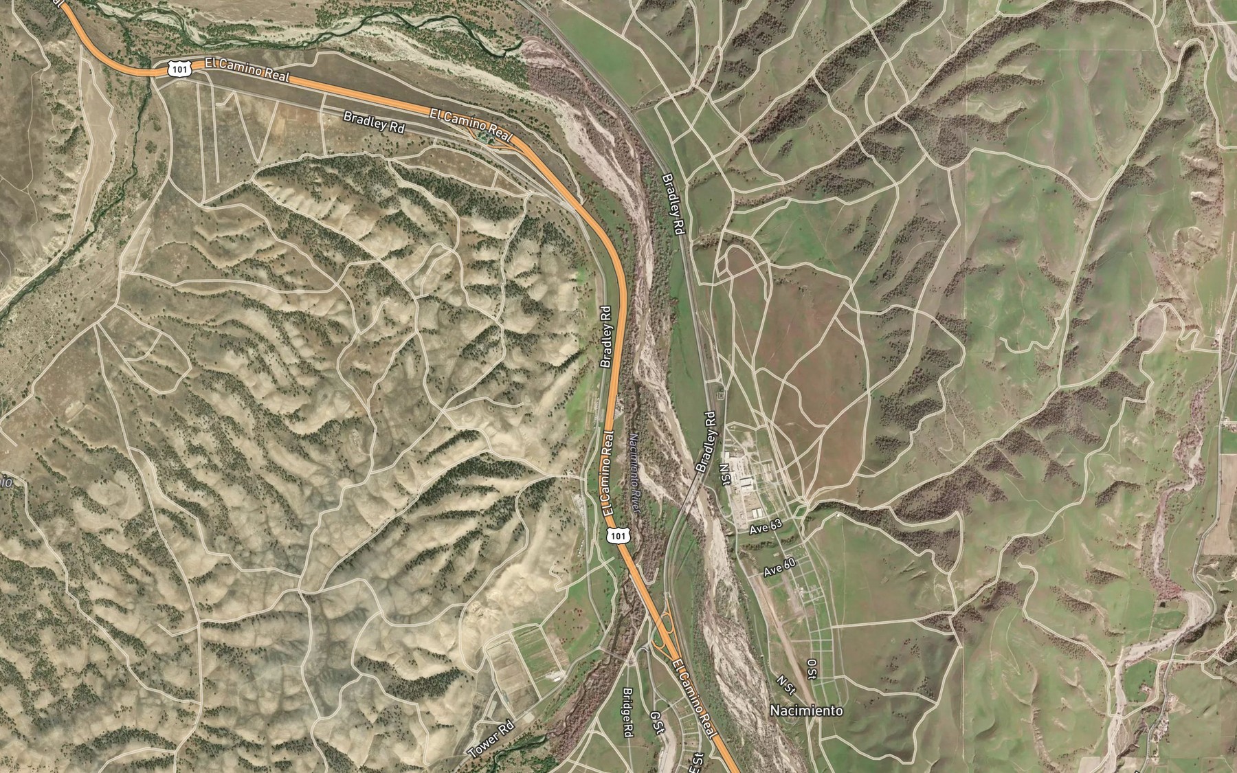 Satellite map of the Nacimiento River