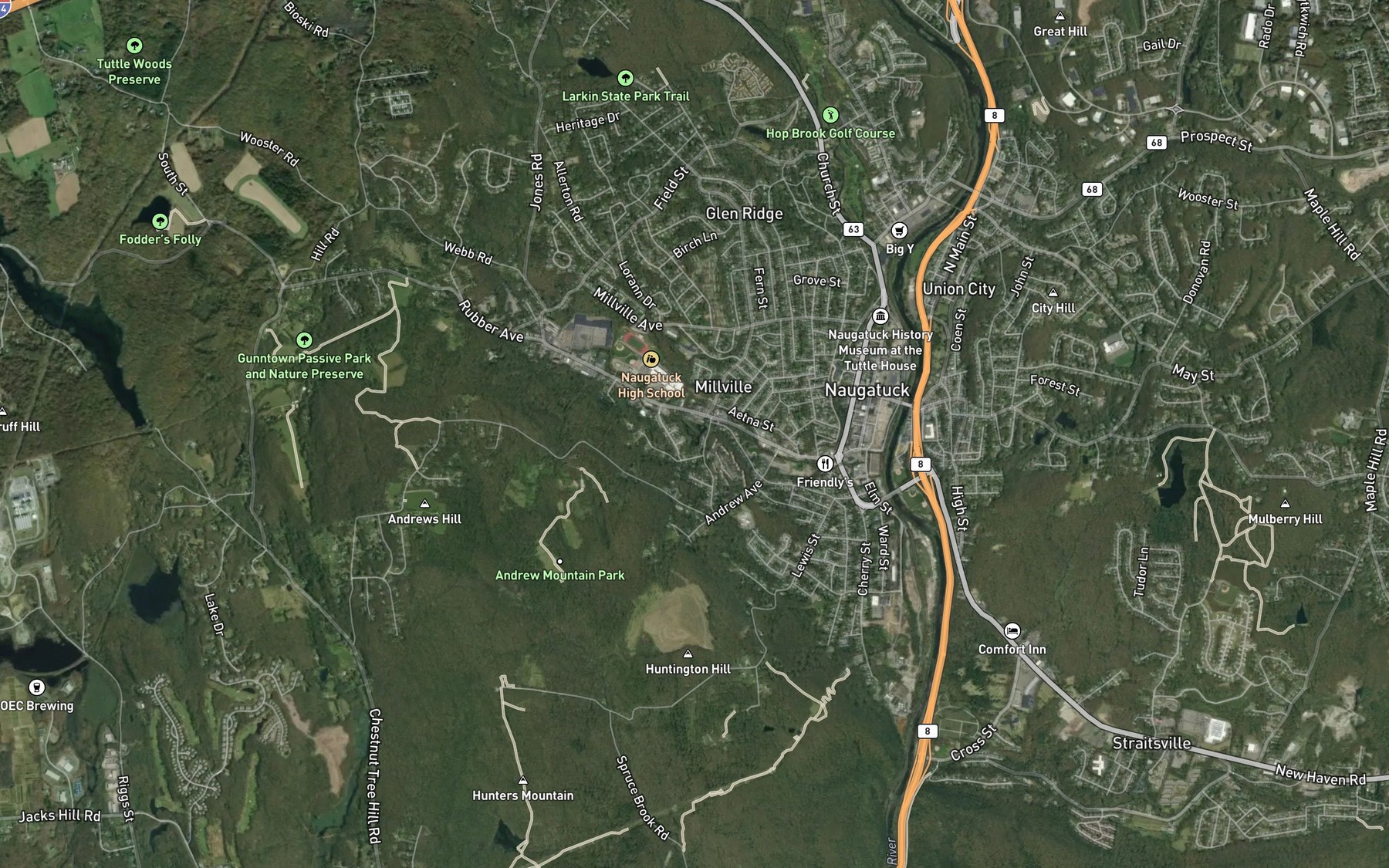Satellite map of the Naugatuck Ice Company Pond
