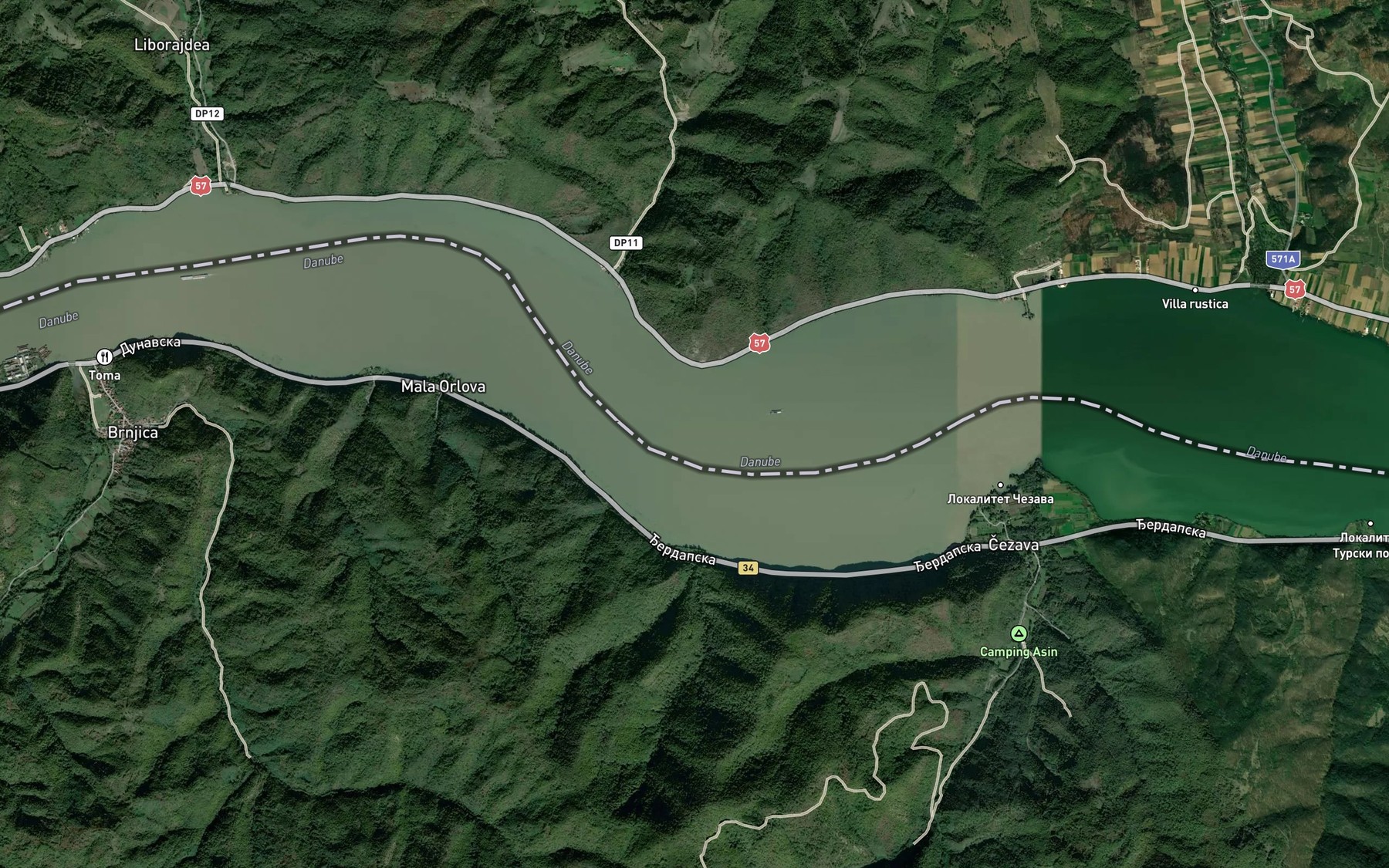 Satellite map of the Stenka Rapids (historical)