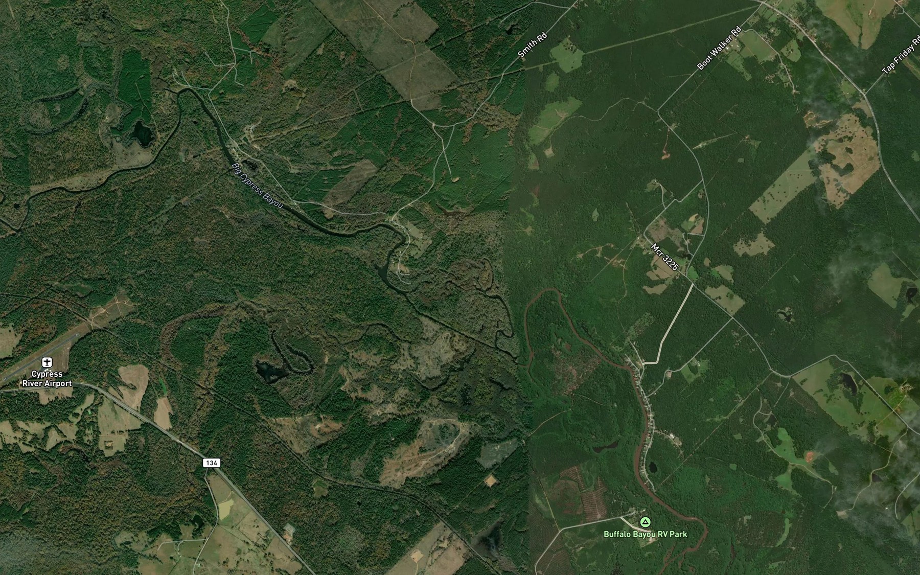 Satellite map of the Little Cypress Bayou