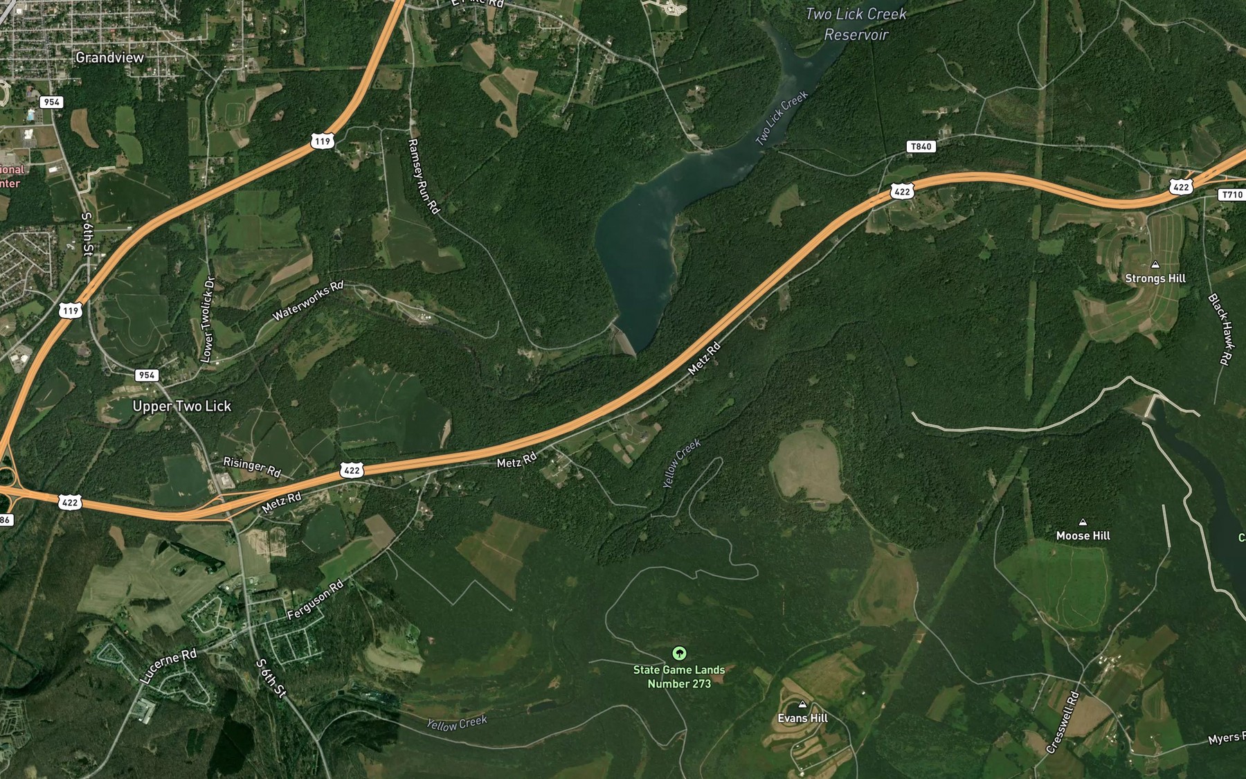 Satellite map of the Two Lick Creek Reservoir